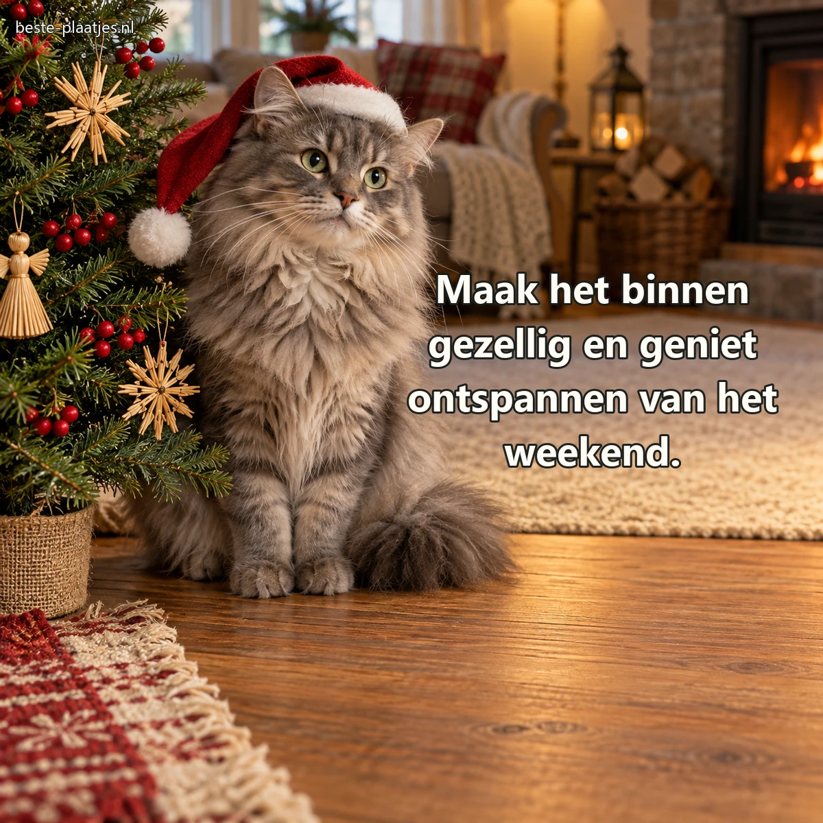 Een langharige grijze kat zit naast een kleine eenvoudig versierde kerstboom. Een langharige grijze kat zit naast een kleine eenvoudig versierde kerstboom.
