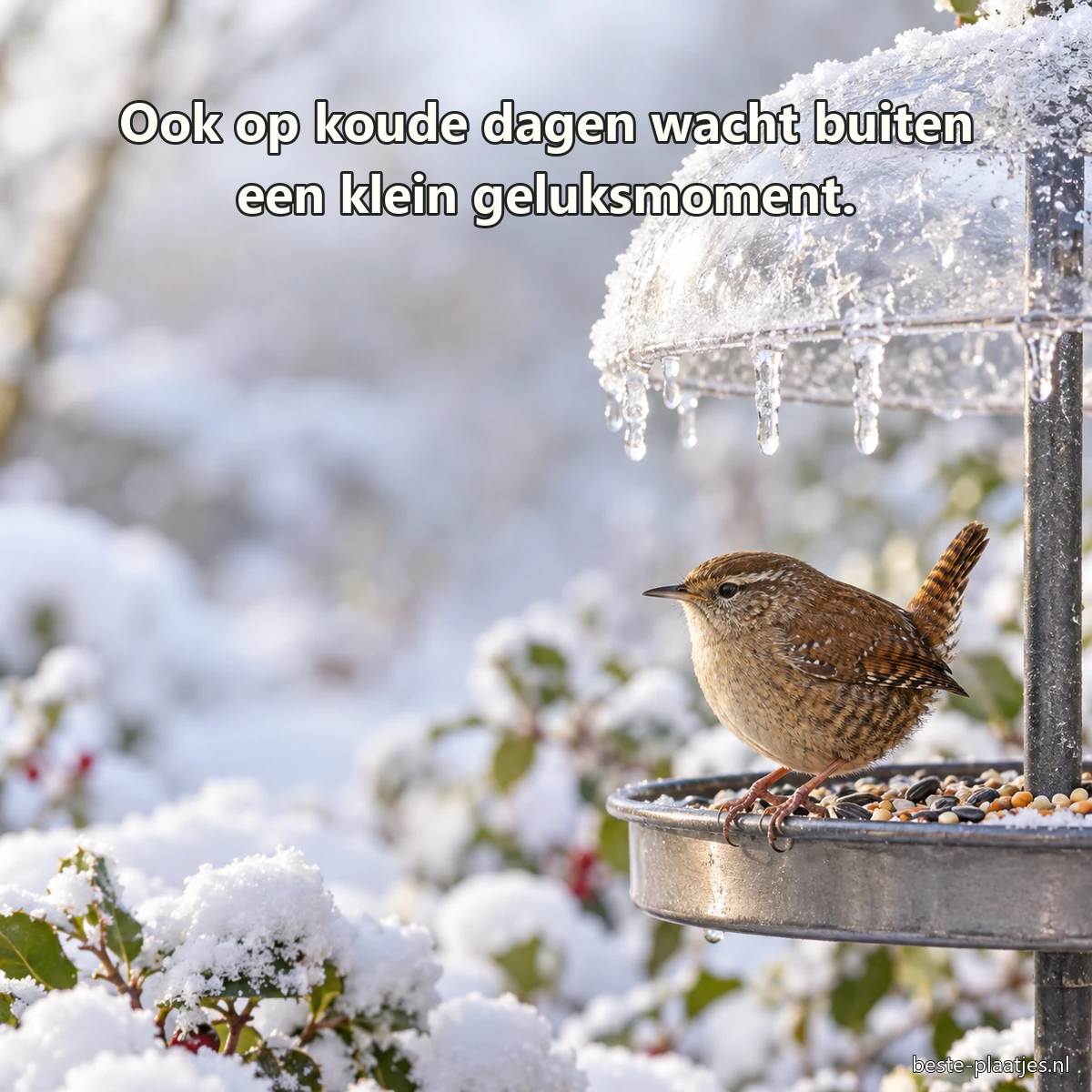 Een winterkoninkje zit bij een bevroren metalen voederplateau. Een winterkoninkje zit bij een bevroren metalen voederplateau.