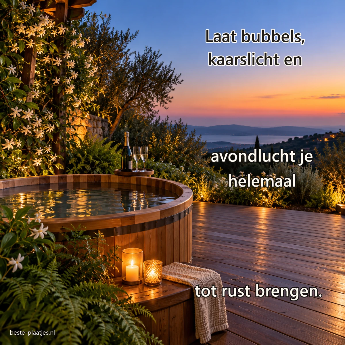 Een houten hottub met kaarsen en glazen staat tussen jasmijn en varens bij zonsondergang.