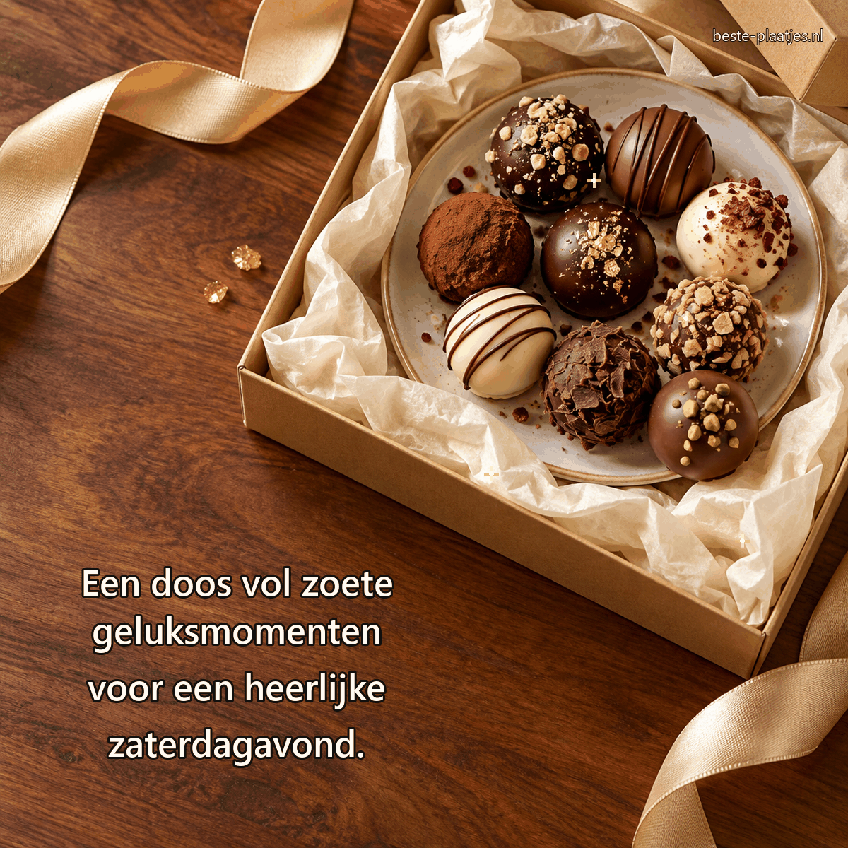 Handgemaakte bonbons liggen in een open doos met crèmekleurig papier en satijnen lint.