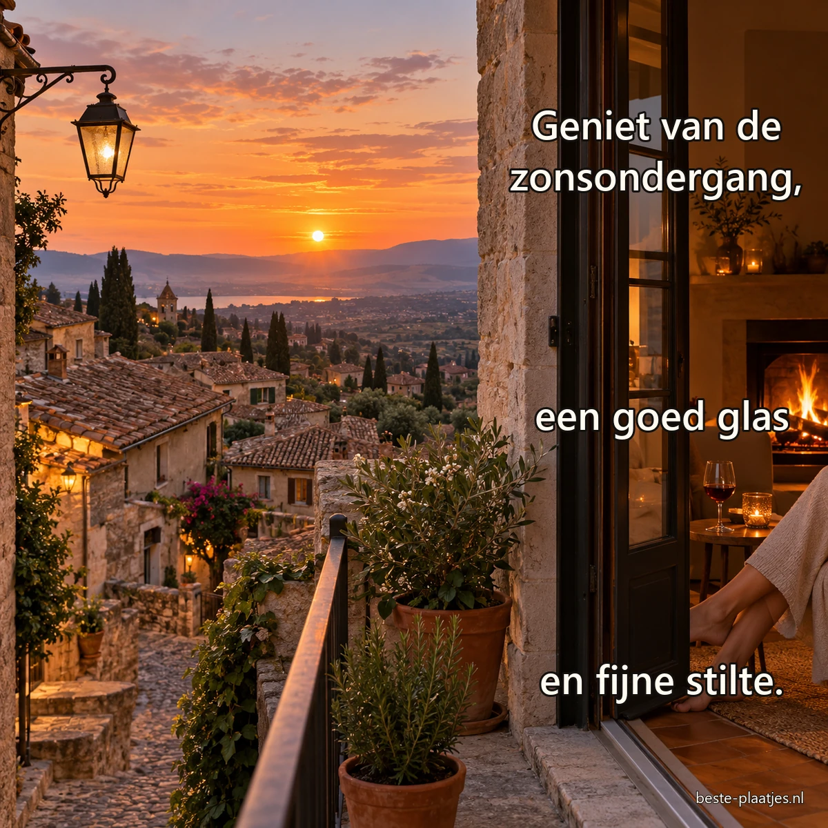 Een dorpsbalkon kijkt uit over oude daken, terwijl binnen haardvuur en een glas wachten.