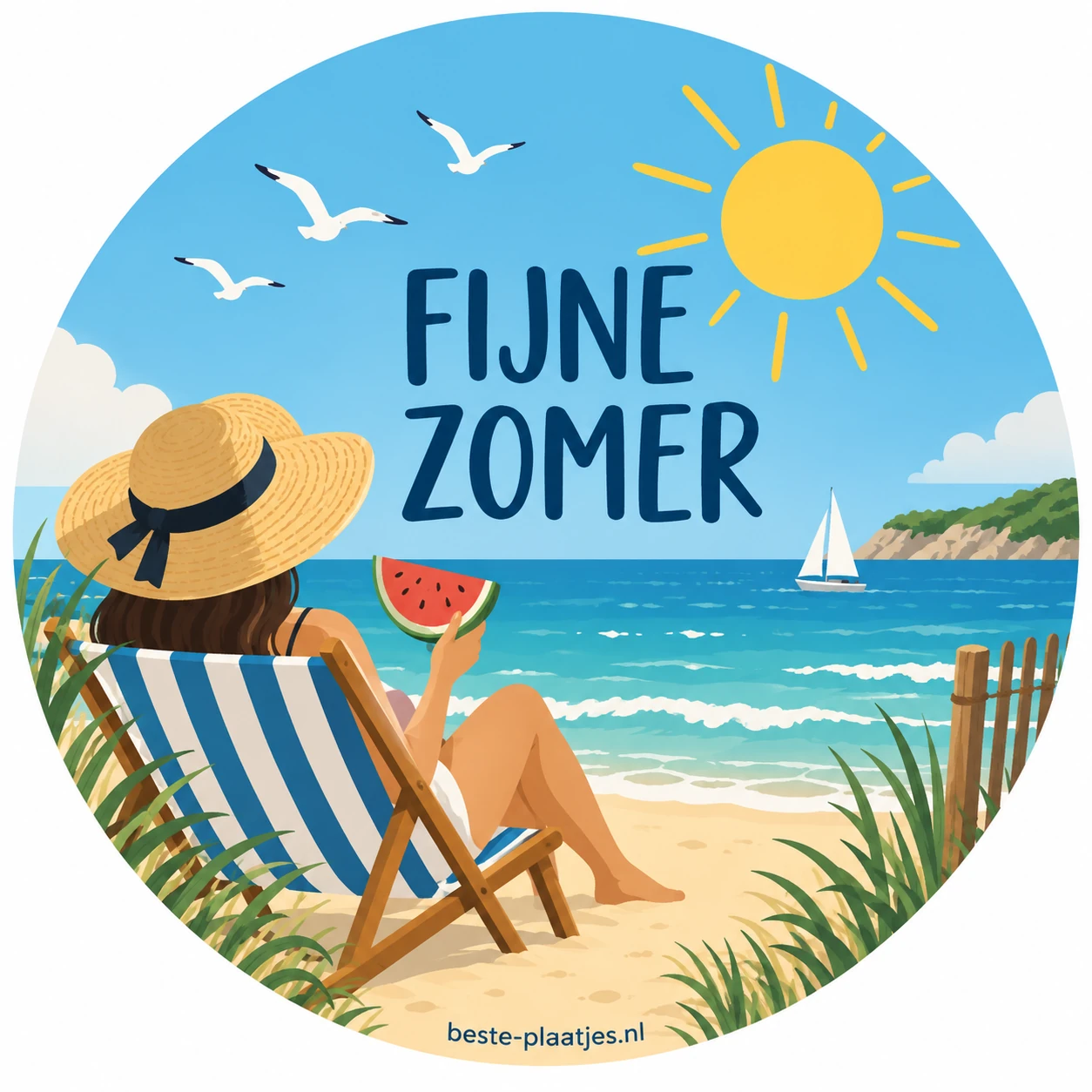 Een getekend strandtafereel toont een strandstoel, zon, zee en watermeloen.