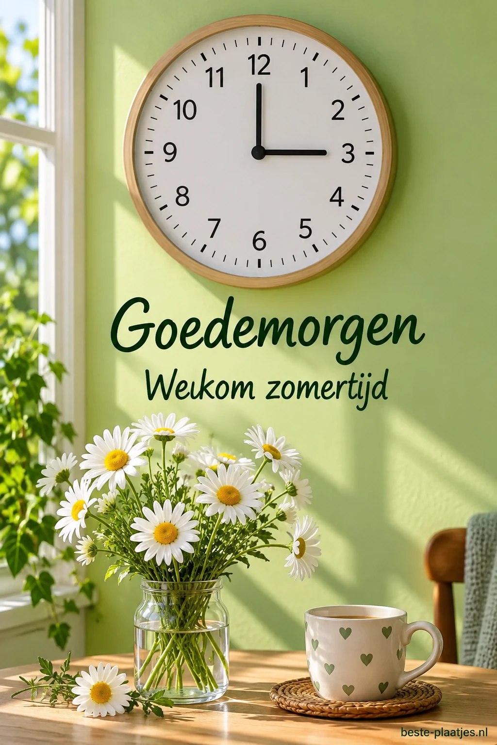 Een ronde klok hangt boven een vaas witte madeliefjes in een lichte kamer.