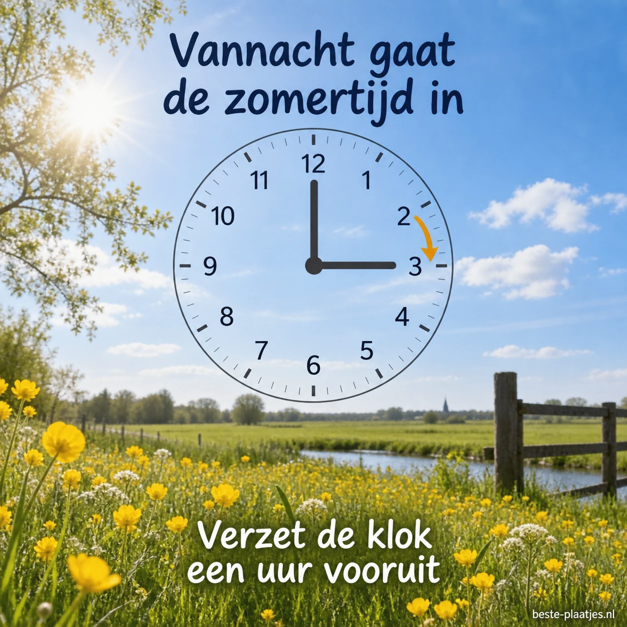 Een klok staat voor een blauwe lucht boven een veld met gele bloemen.
