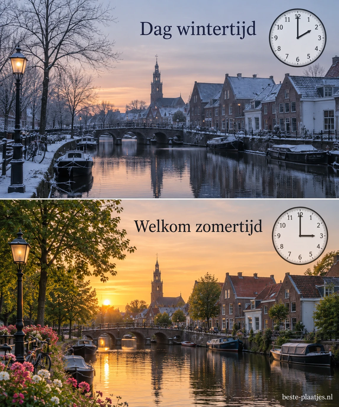 Een Nederlandse gracht is boven in winterlicht en onder in een warme lenteavond te zien.