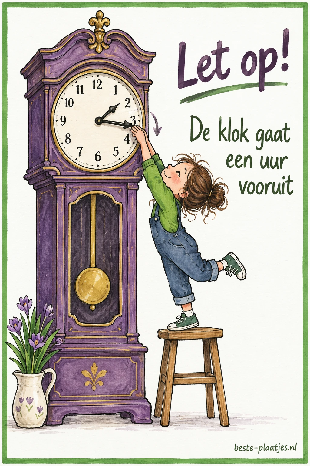 Een getekend meisje zet de wijzer van een paarse staande klok vooruit.