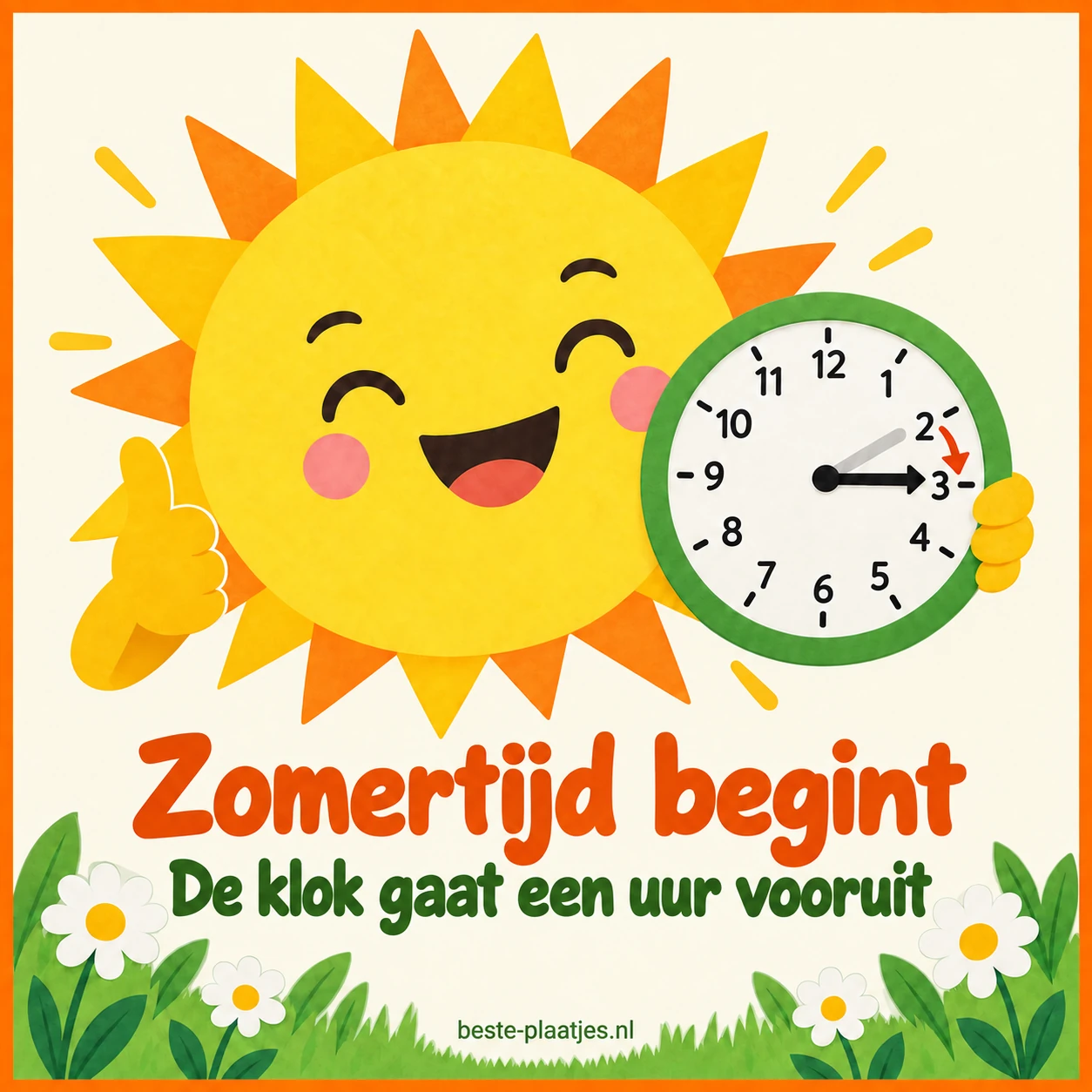Een platte papieren zon houdt een klok vast die naar drie uur wijst.
