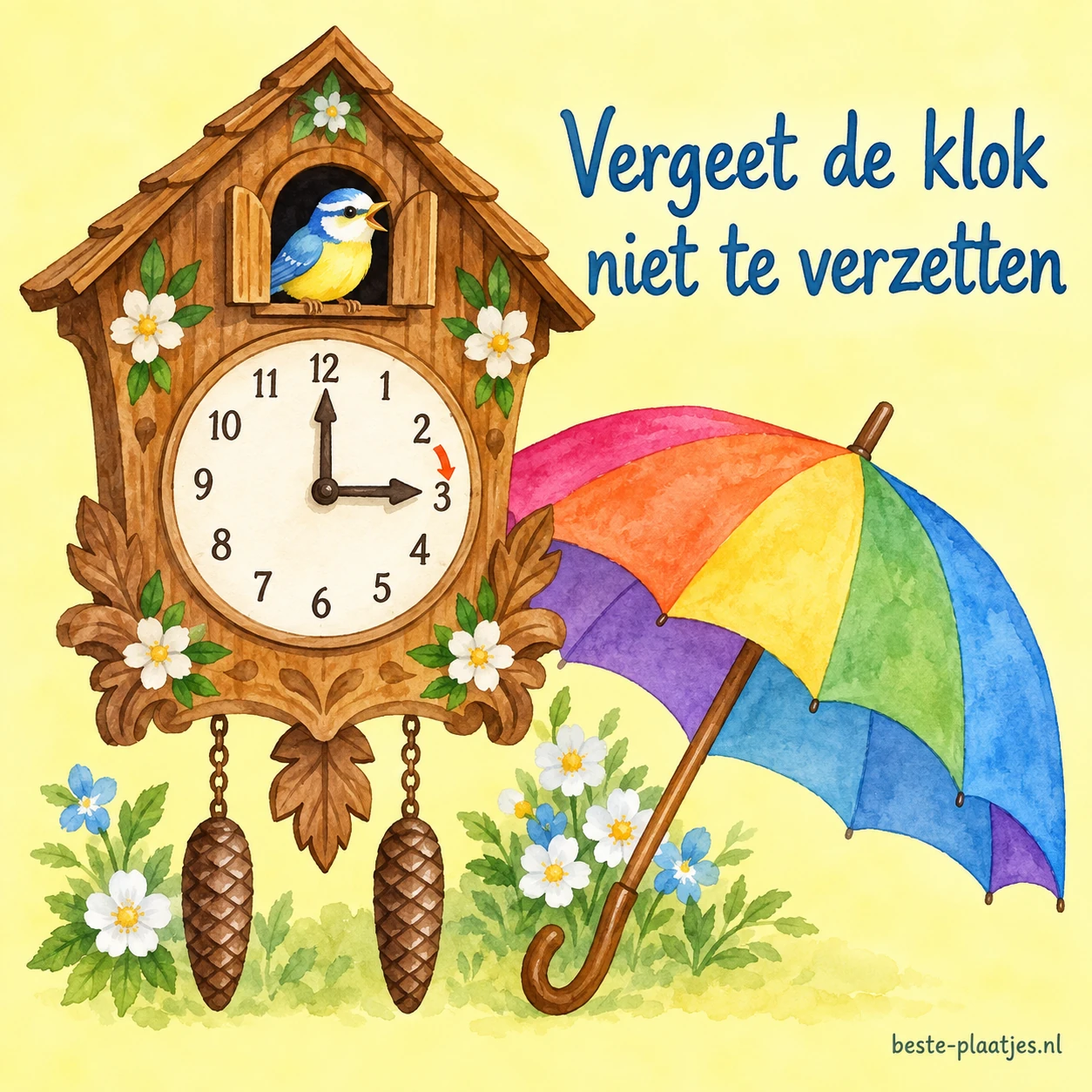 Een geschilderde koekoeksklok staat naast een veelkleurige paraplu.