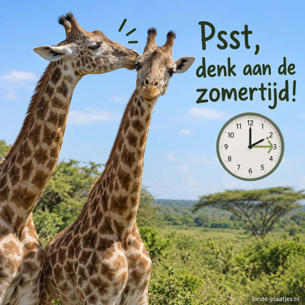 Twee giraffen staan samen in het groen naast een klok.