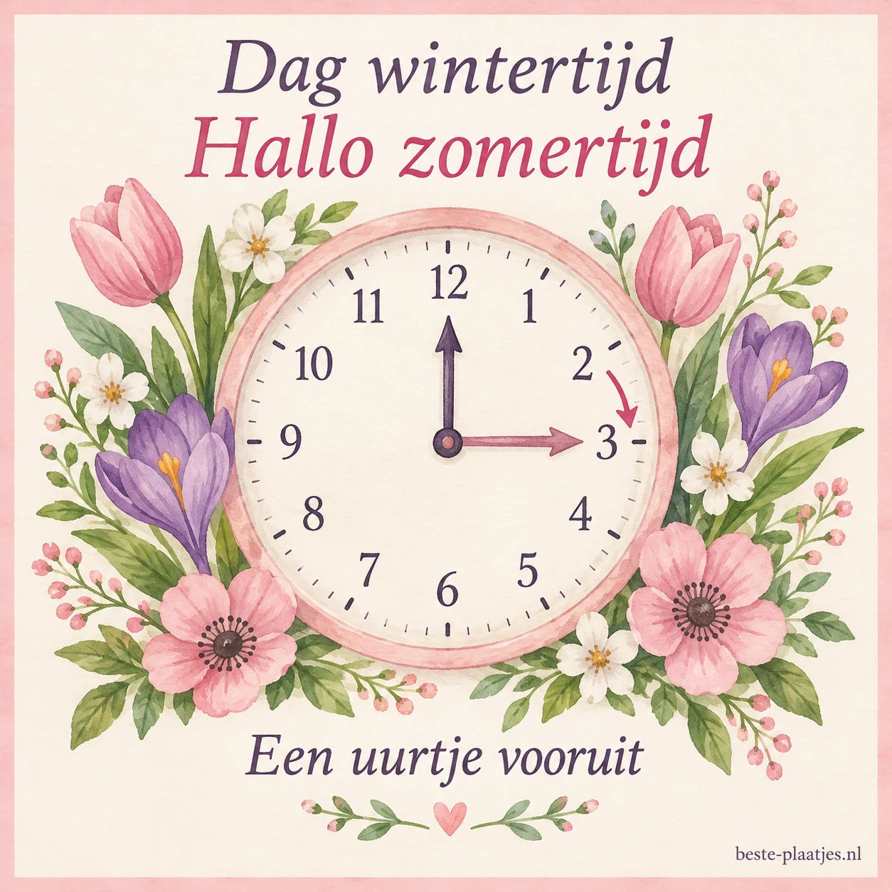 Een geschilderde klok is omringd door roze en paarse voorjaarsbloemen.