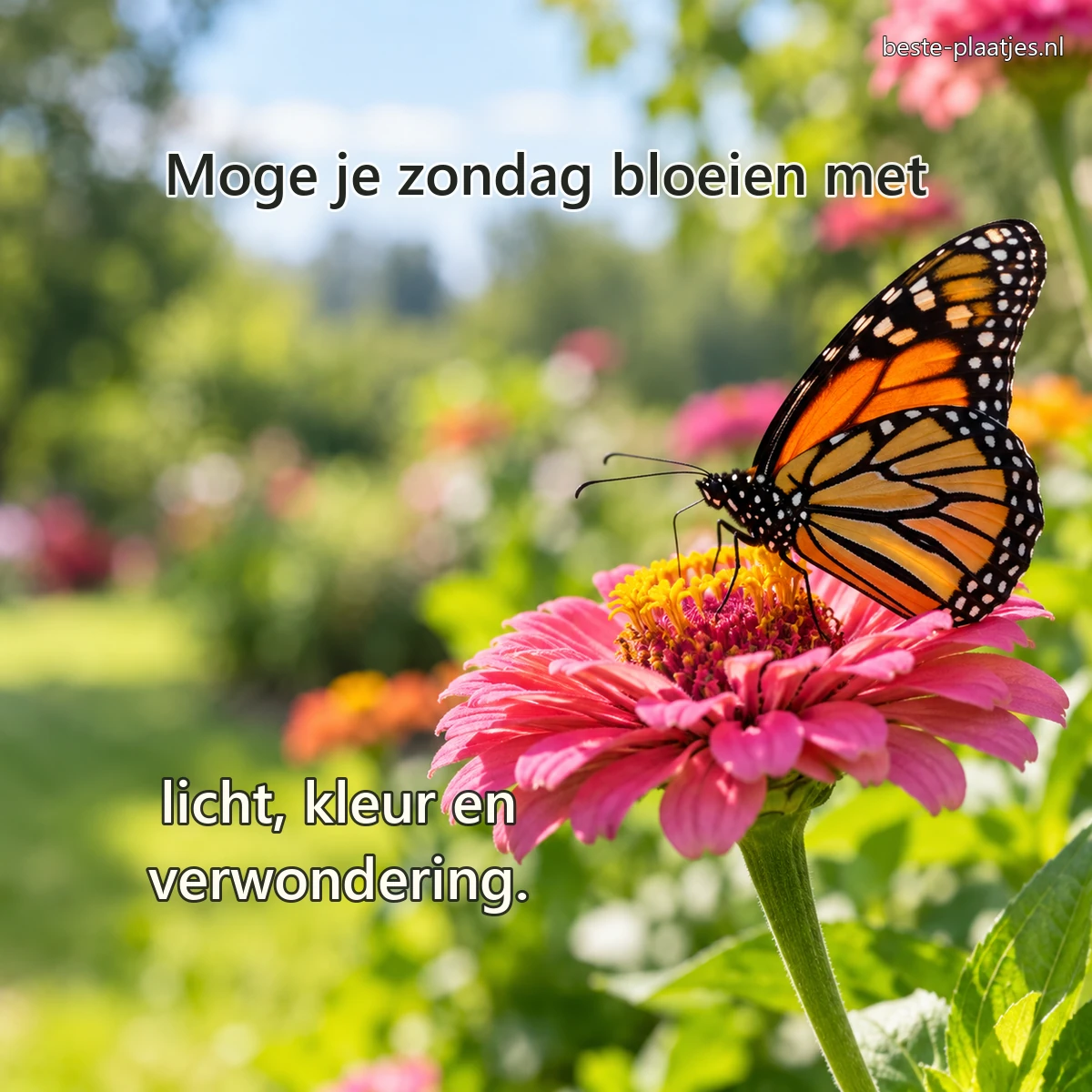 Een monarchvlinder rust op een roze zinnia in een zonnige tuin.