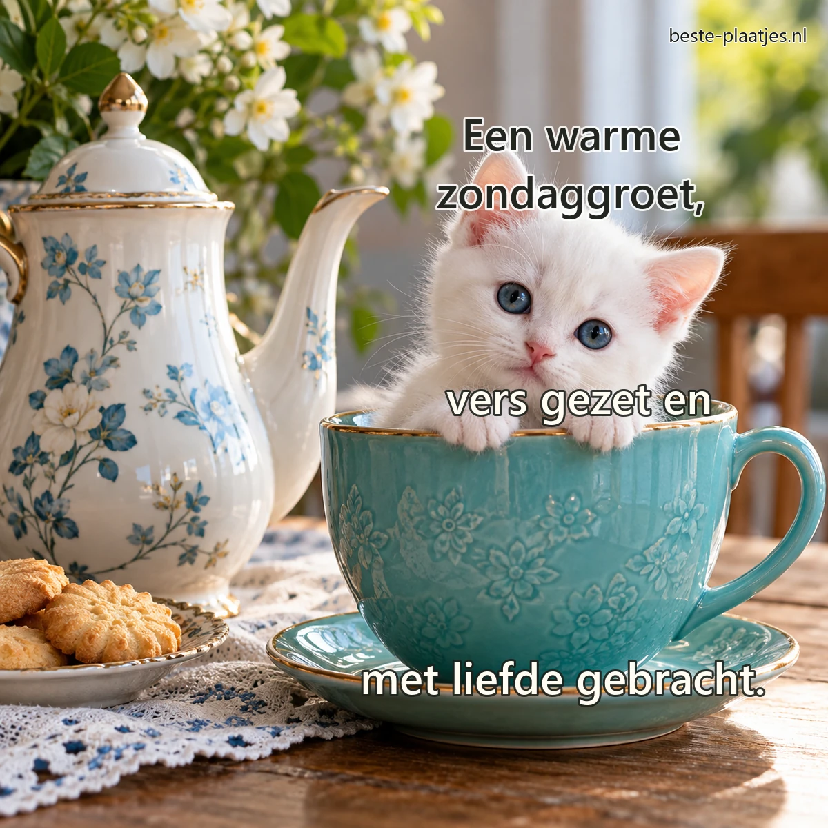 Een nieuwsgierig wit kitten kijkt uit een grote theekop naast een koffiekan.