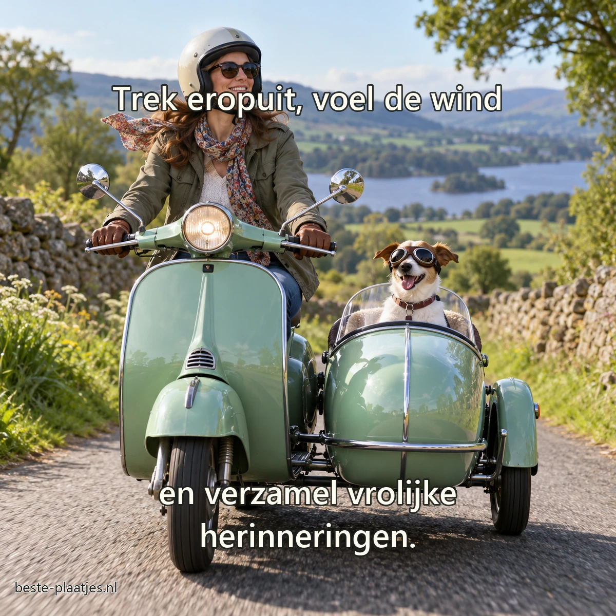 Een vrouw rijdt op een mintgroene scooter met een hond veilig in de zijspan.