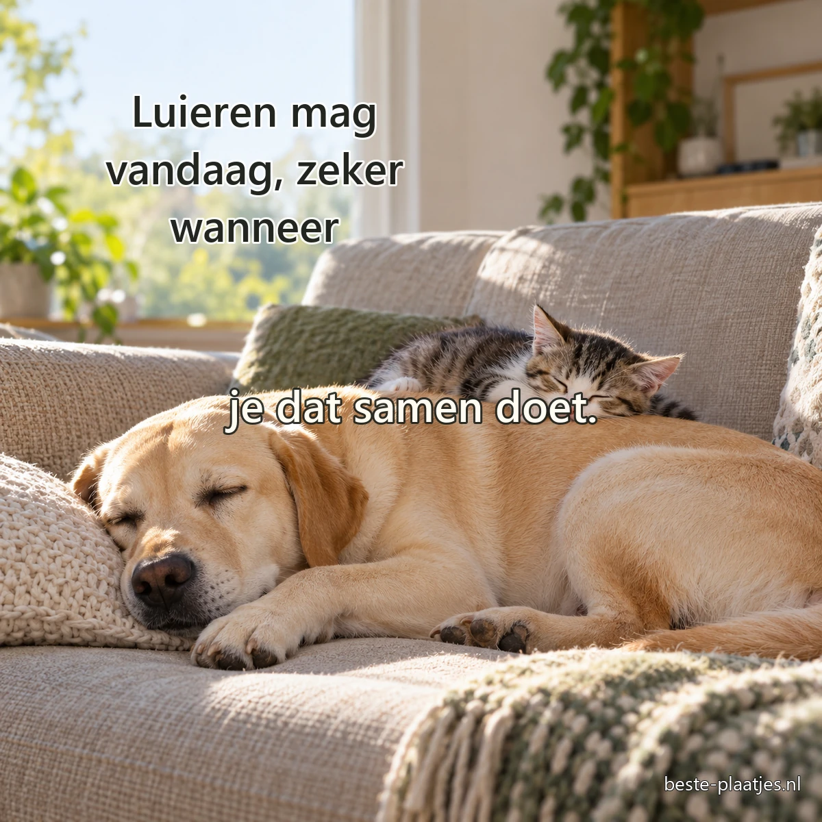Een labrador slaapt op een bank terwijl een kitten op zijn rug rust.