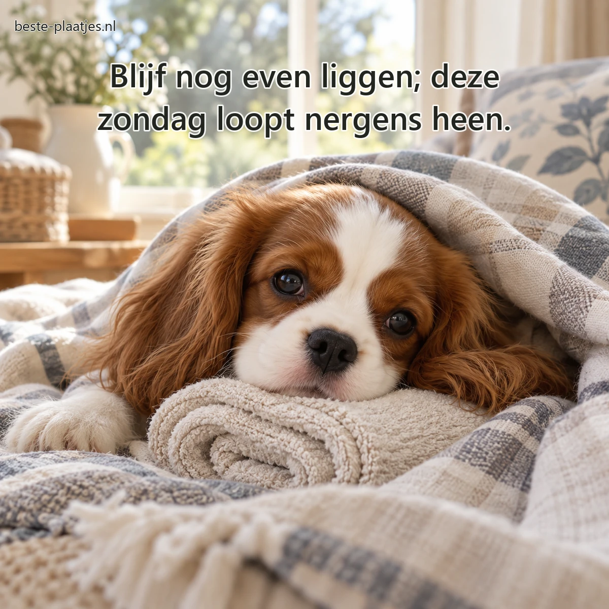 Een cavalierpup ligt onder een zachte plaid met zijn kop op een handdoekrol. Een cavalierpup ligt onder een zachte plaid met zijn kop op een handdoekrol.