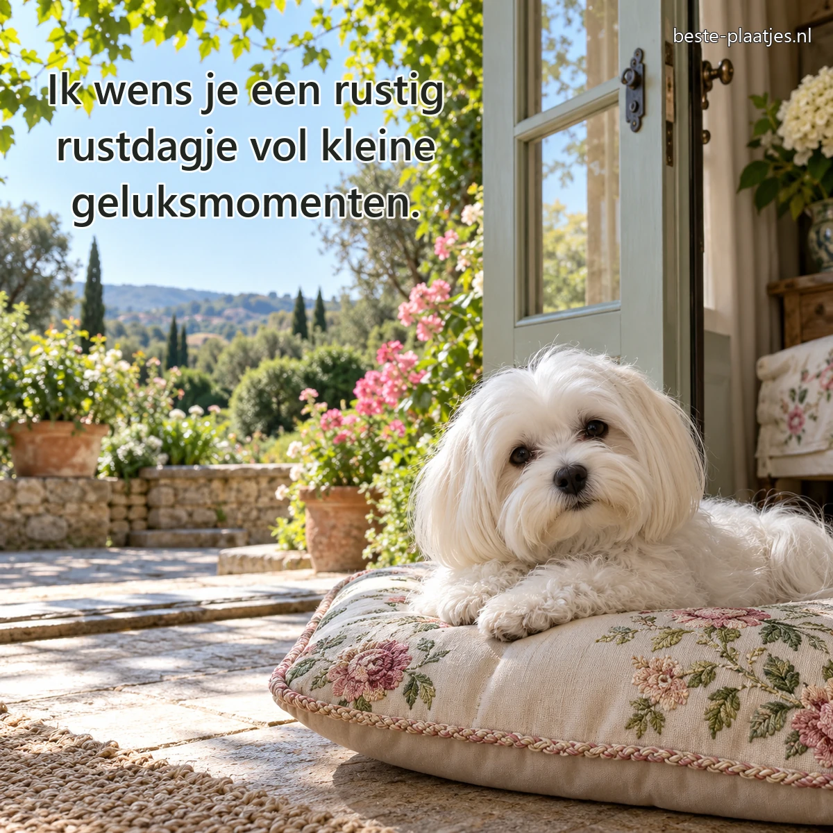 Een maltezer ligt op een geborduurd kussen bij een open tuindeur. Een maltezer ligt op een geborduurd kussen bij een open tuindeur.