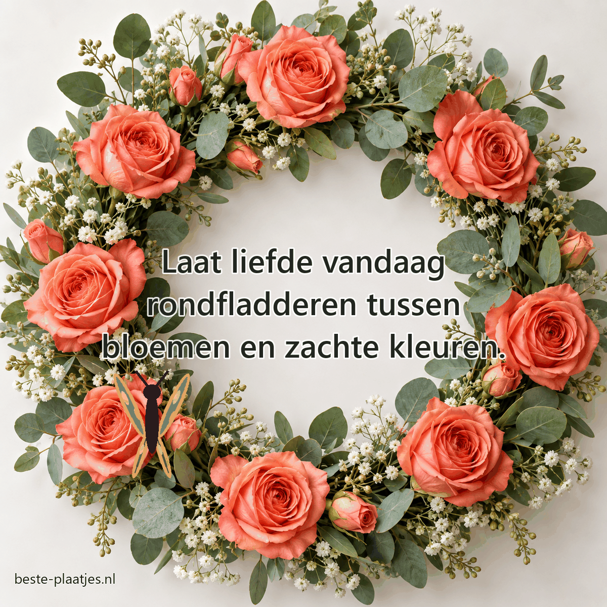 Een krans van koraalkleurige rozen en eucalyptus omringt een open lichte ruimte. Een krans van koraalkleurige rozen en eucalyptus omringt een open lichte ruimte.