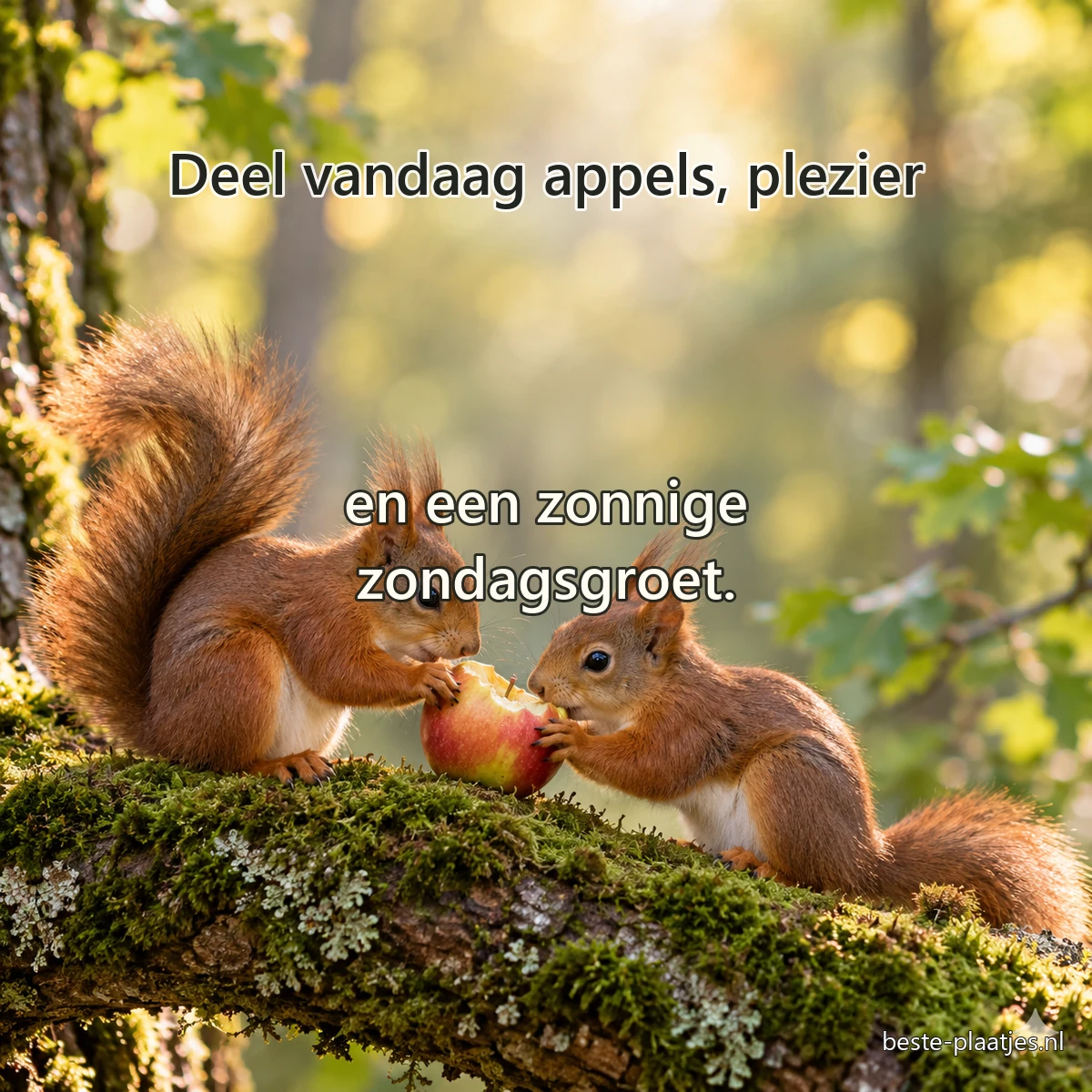 Twee rode eekhoorns delen een kleine appel op een met mos bedekte tak. Twee rode eekhoorns delen een kleine appel op een met mos bedekte tak.