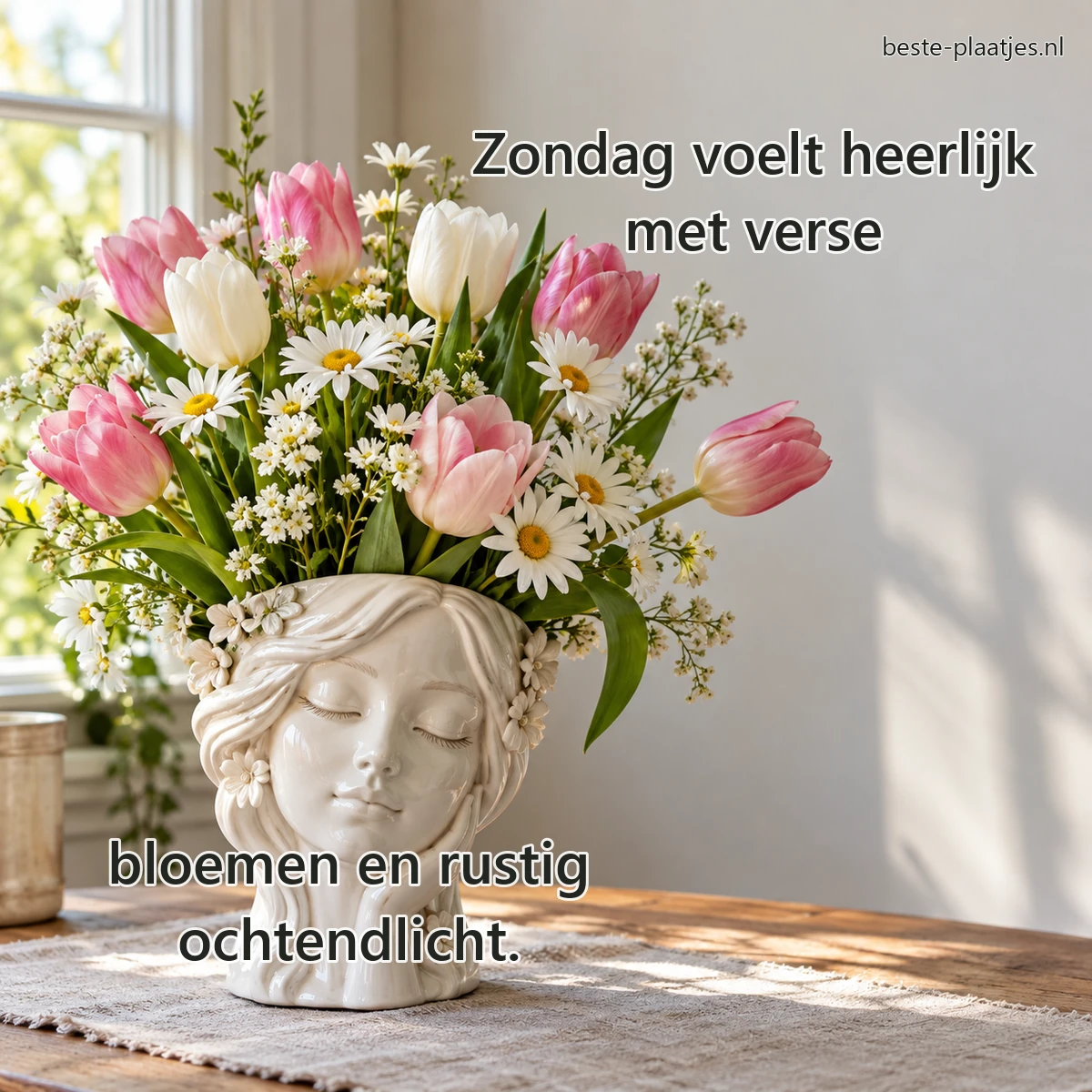 Een witte keramische vaas in gezichtsvorm is gevuld met tulpen en madeliefjes. Een witte keramische vaas in gezichtsvorm is gevuld met tulpen en madeliefjes.