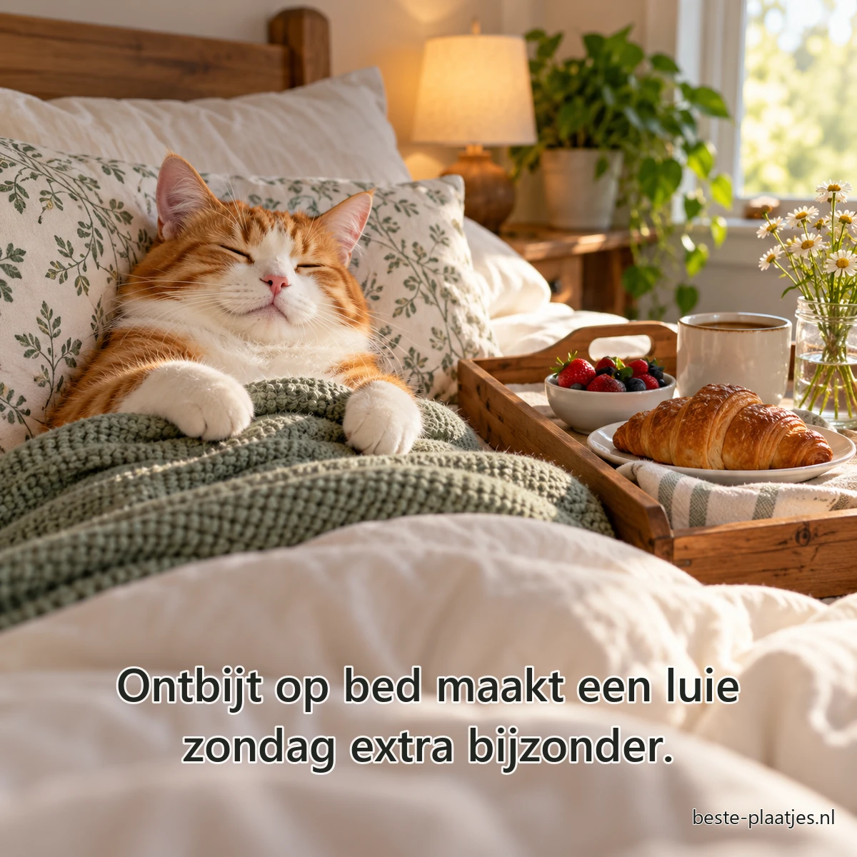 Een tevreden rood-witte kat ligt onder een dekbed naast een ontbijtdienblad. Een tevreden rood-witte kat ligt onder een dekbed naast een ontbijtdienblad.