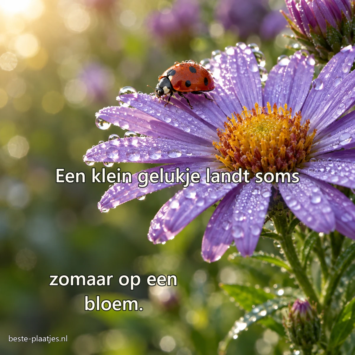 Een lieveheersbeestje kruipt over een paarse aster met dauwdruppels. Een lieveheersbeestje kruipt over een paarse aster met dauwdruppels.