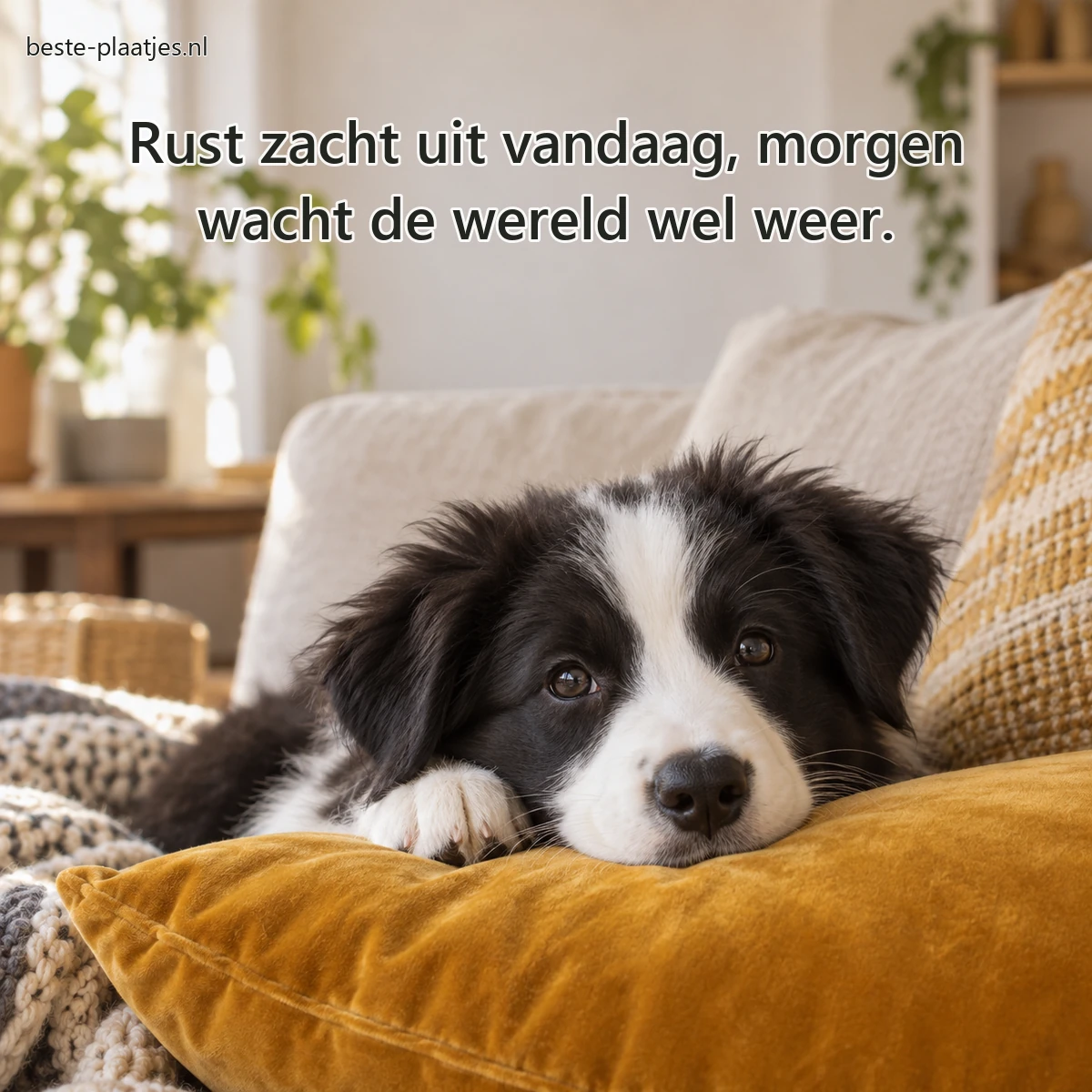 Een bordercolliepup rust met zijn kin op een fluwelen okerkleurig kussen. Een bordercolliepup rust met zijn kin op een fluwelen okerkleurig kussen.