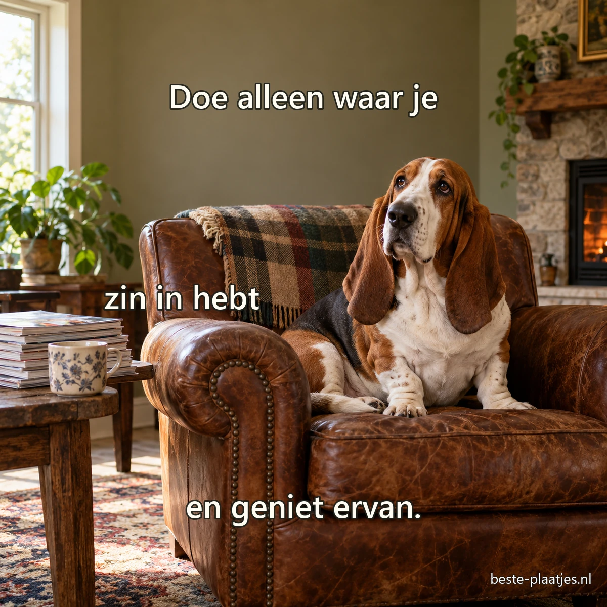 Een bassethond zit tevreden in een leren fauteuil naast een stapel tijdschriften. Een bassethond zit tevreden in een leren fauteuil naast een stapel tijdschriften.