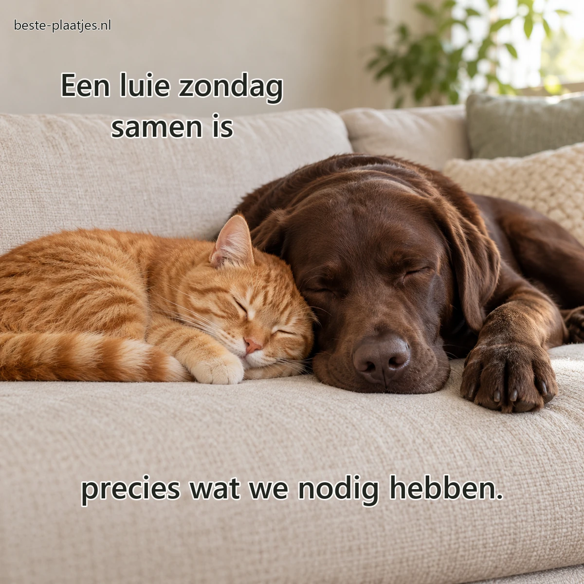 Een chocoladebruine labrador en rosse kat slapen met de koppen tegen elkaar. Een chocoladebruine labrador en rosse kat slapen met de koppen tegen elkaar.