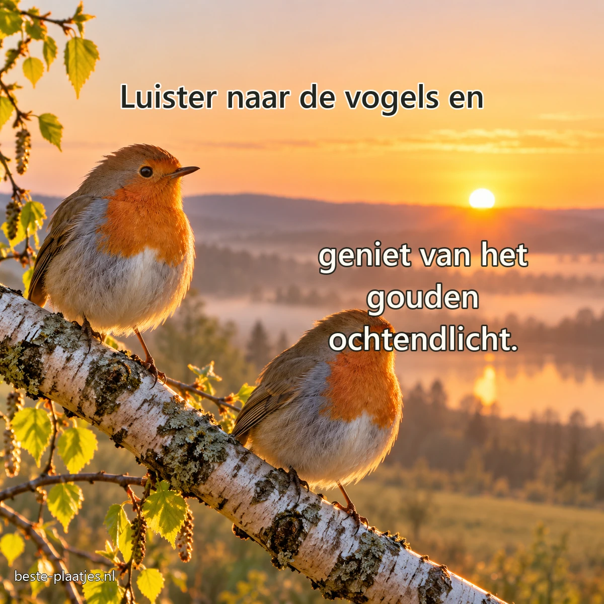 Twee roodborstjes zitten op een berkentak tegen een warme zonsopkomst. Twee roodborstjes zitten op een berkentak tegen een warme zonsopkomst.