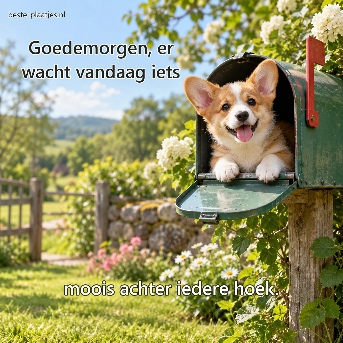 Een vrolijke corgipup kijkt uit een groene landelijke brievenbus. Een vrolijke corgipup kijkt uit een groene landelijke brievenbus.