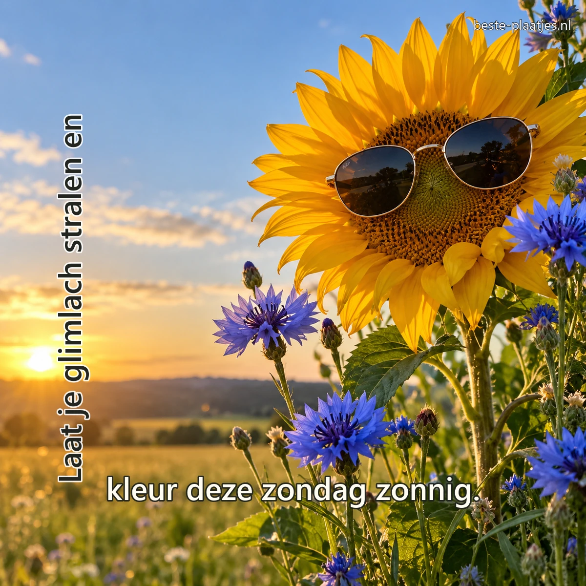 Een echte zonnebloem draagt een kleine zonnebril tussen blauwe korenbloemen. Een echte zonnebloem draagt een kleine zonnebril tussen blauwe korenbloemen.