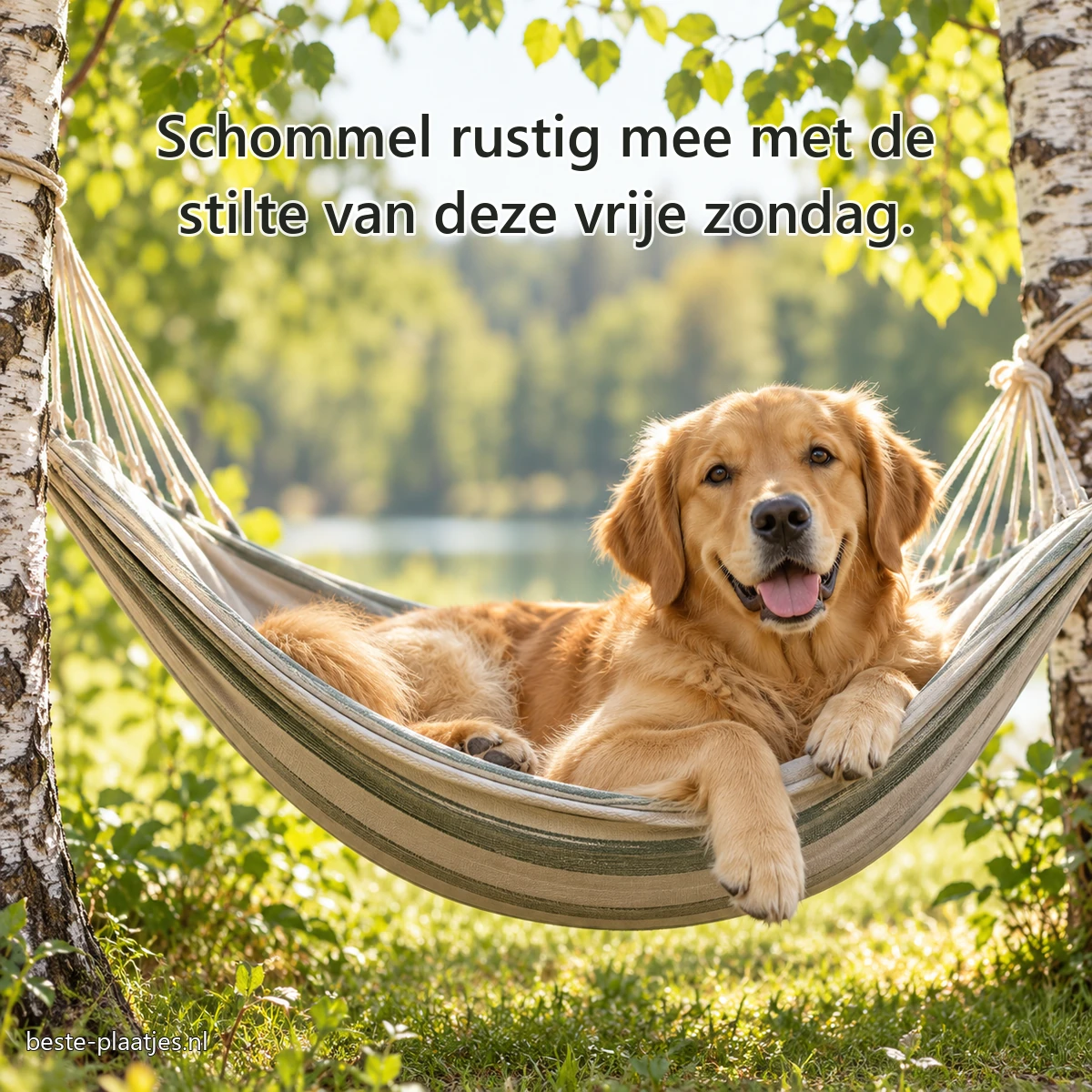Een jonge retriever ligt in een stoffen hangmat tussen berkenbomen. Een jonge retriever ligt in een stoffen hangmat tussen berkenbomen.