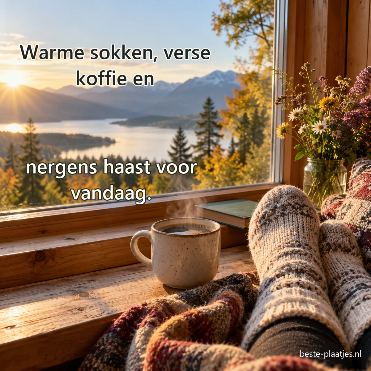 Voeten in wollen sokken rusten bij een mok koffie op een houten vensterbank. Voeten in wollen sokken rusten bij een mok koffie op een houten vensterbank.
