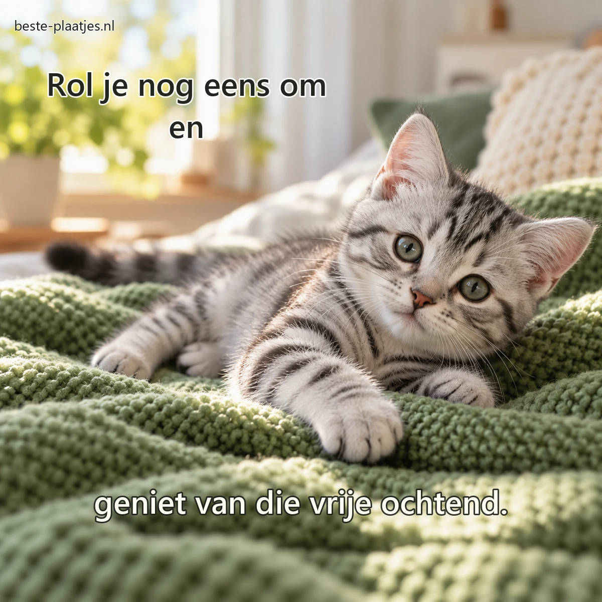 Een zilvergrijs kitten ligt speels op een groen gebreid kleed. Een zilvergrijs kitten ligt speels op een groen gebreid kleed.