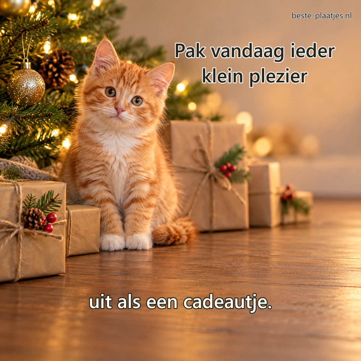 Een oranje kitten zit tussen kraftpapieren cadeautjes bij warme kerstlichtjes. Een oranje kitten zit tussen kraftpapieren cadeautjes bij warme kerstlichtjes.