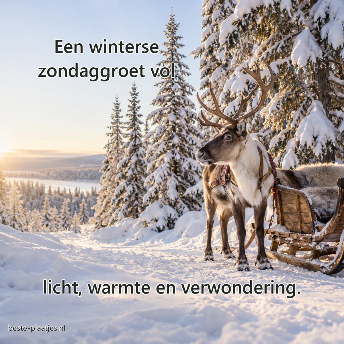 Een rendier staat bij een houten slee en sparrenbomen in verse sneeuw. Een rendier staat bij een houten slee en sparrenbomen in verse sneeuw.