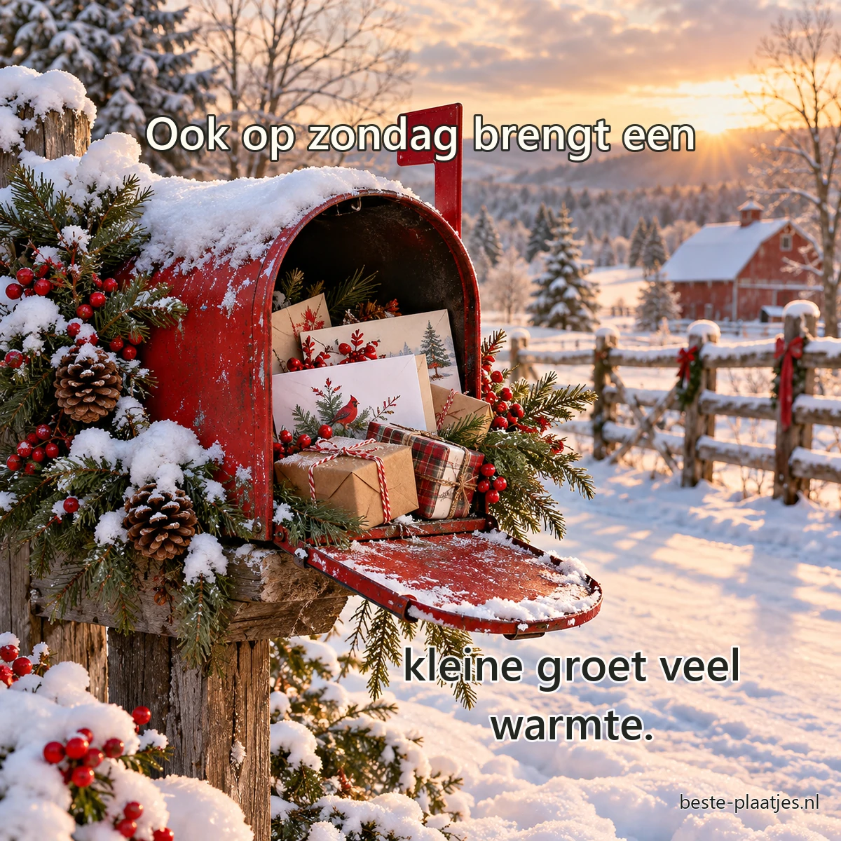 Een rode landelijke brievenbus bevat wintergroen, kaarten en kleine ingepakte pakjes. Een rode landelijke brievenbus bevat wintergroen, kaarten en kleine ingepakte pakjes.