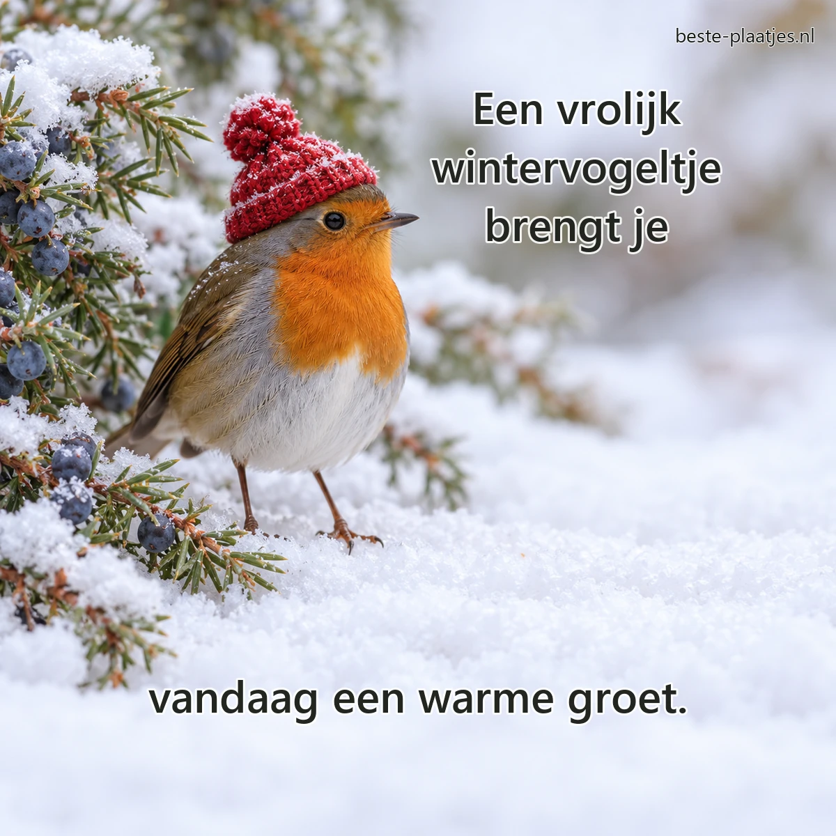 Een roodborstje met klein wollen mutsje staat in zachte sneeuw bij jeneverbessen. Een roodborstje met klein wollen mutsje staat in zachte sneeuw bij jeneverbessen.