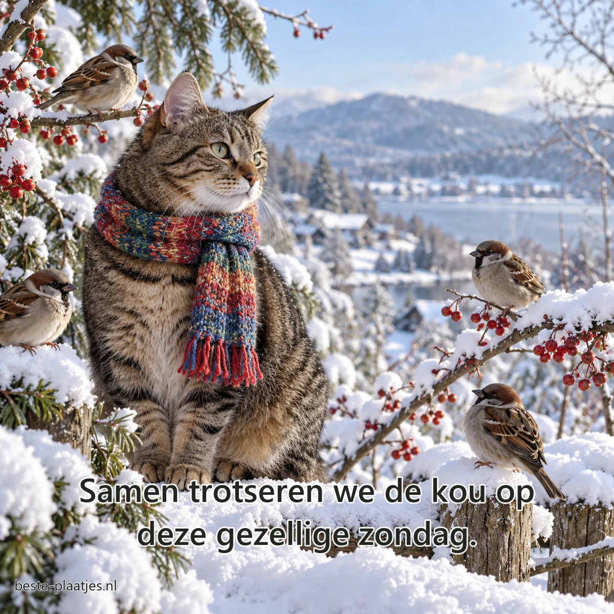 Een cyperse kat met gebreide sjaal zit tussen mussen op besneeuwde takken. Een cyperse kat met gebreide sjaal zit tussen mussen op besneeuwde takken.
