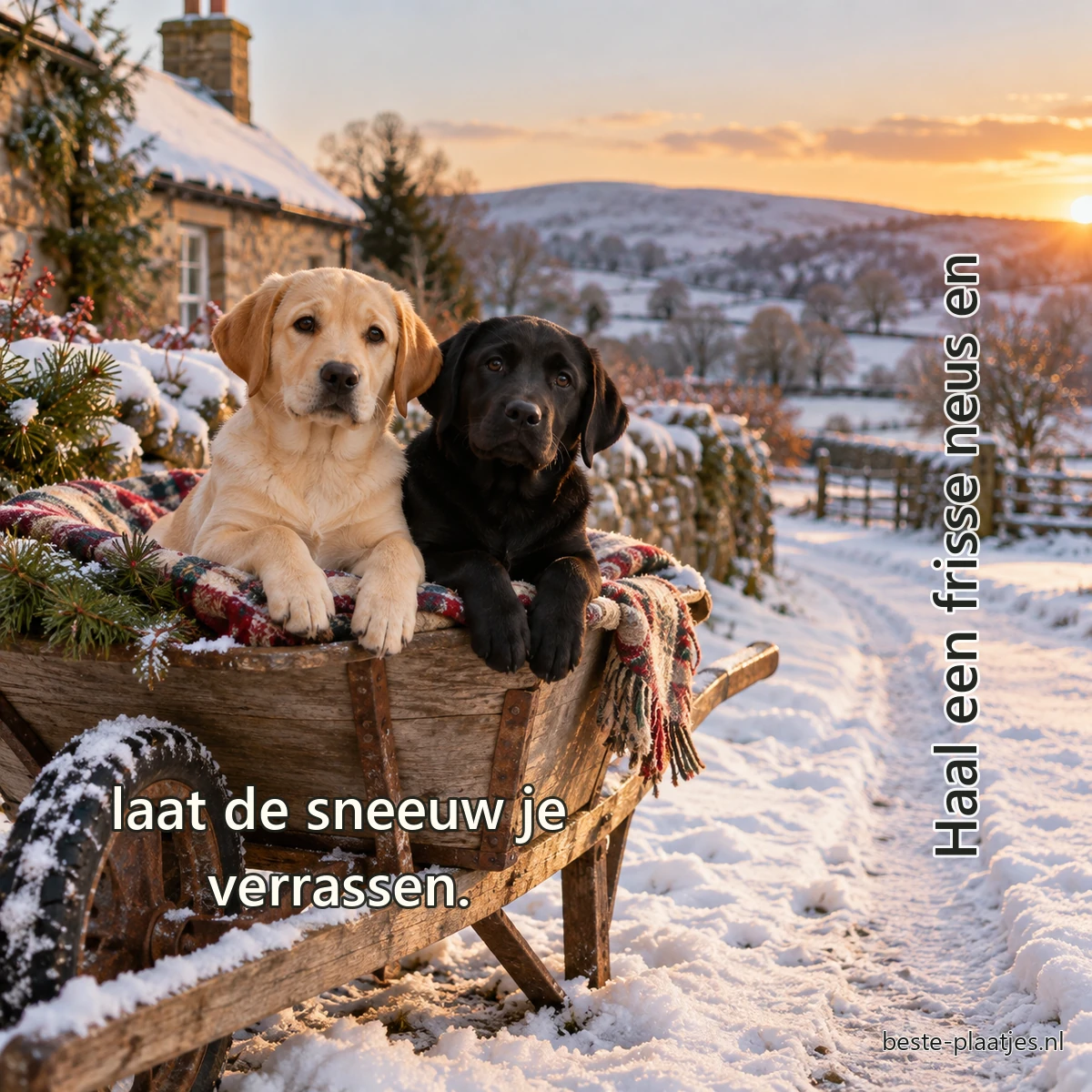 Twee jonge labradors zitten in een houten kruiwagen langs een besneeuwd pad. Twee jonge labradors zitten in een houten kruiwagen langs een besneeuwd pad.