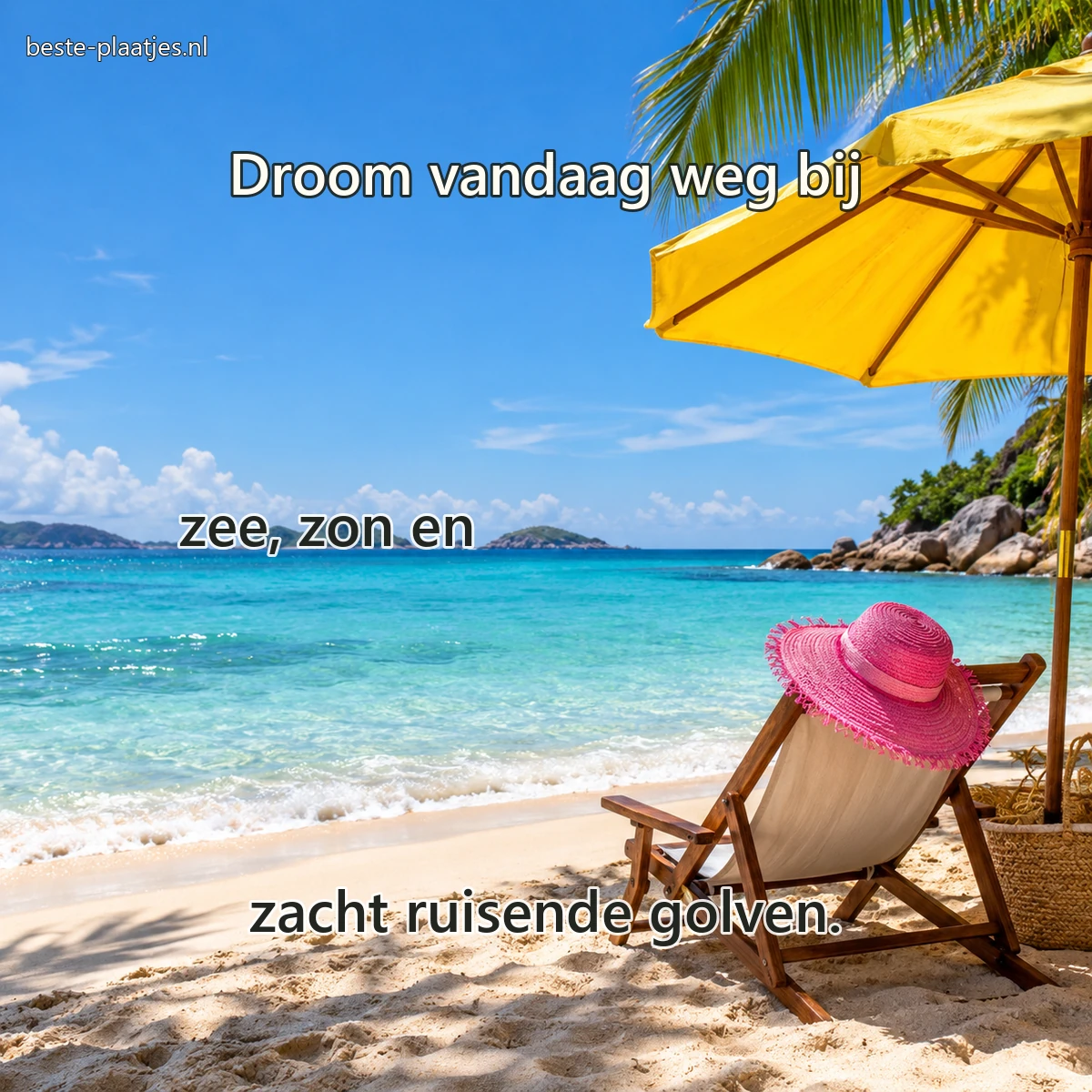 Een lege strandstoel onder een gele parasol kijkt uit over een turquoise zee. Een lege strandstoel onder een gele parasol kijkt uit over een turquoise zee.