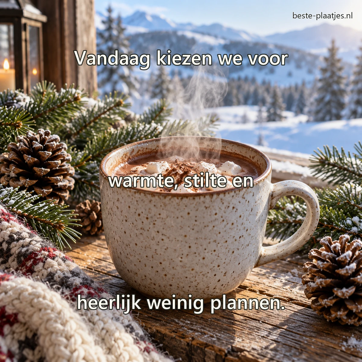 Een gespikkelde mok warme chocolademelk staat tussen dennentakken en dennenappels. Een gespikkelde mok warme chocolademelk staat tussen dennentakken en dennenappels.