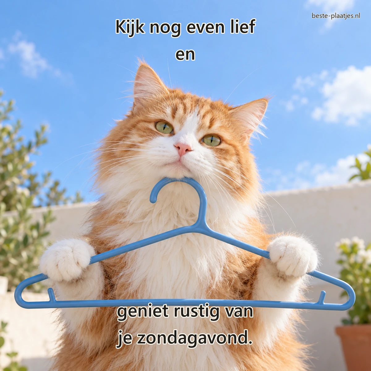 Een langharige rood-witte kat houdt een lege blauwe kleerhanger vast.