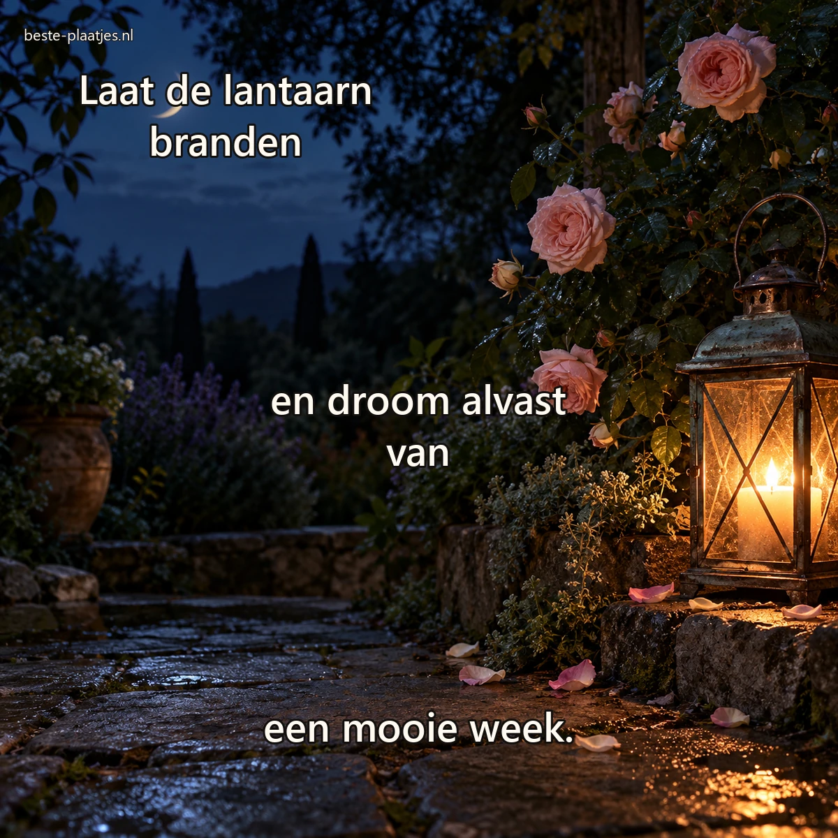 Een koperen lantaarn gloeit naast roze rozen onder een maansikkel in de tuin.