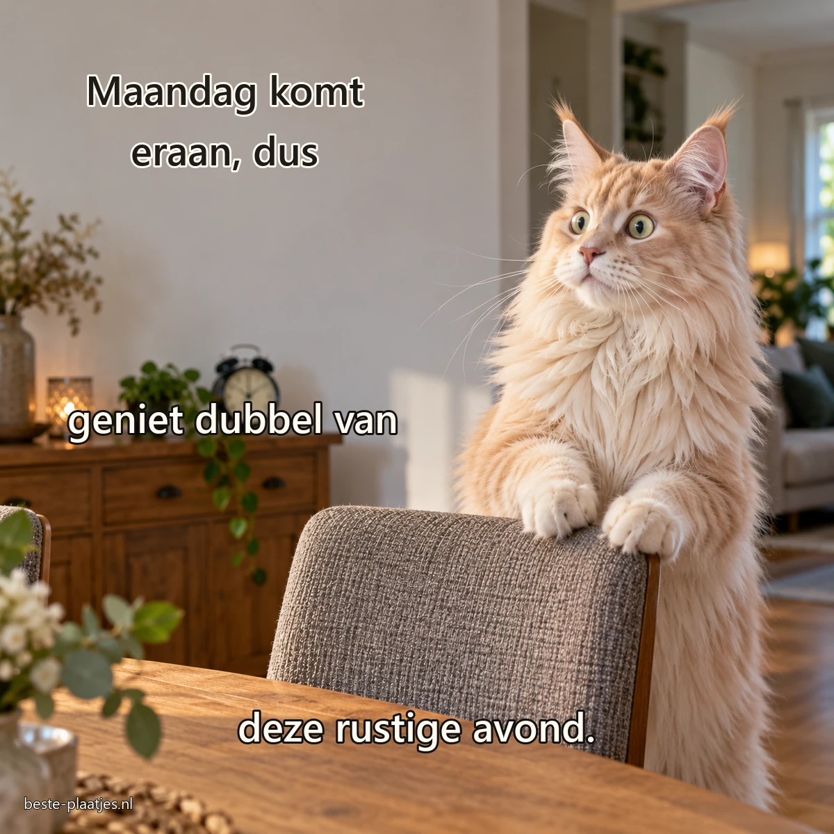 Een grote crèmekleurige kat steunt rechtop op de rug van een eetkamerstoel.