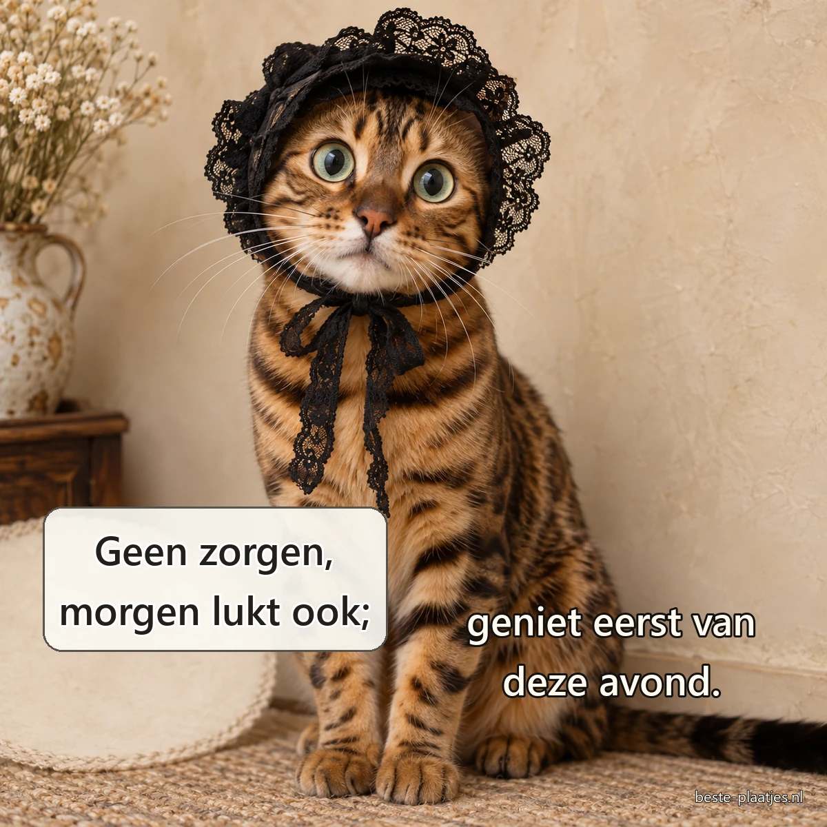 Een Bengaalse kat met zwart kanten mutsje kijkt met grote ogen naar de camera.