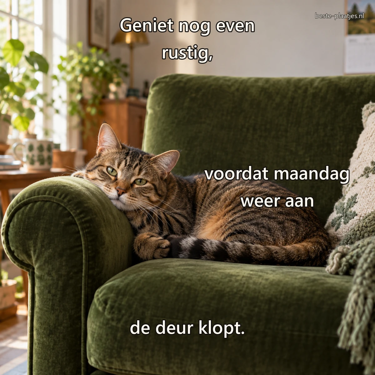 Een tabbykat ligt ontspannen op de armleuning van een mosgroene fluwelen stoel.