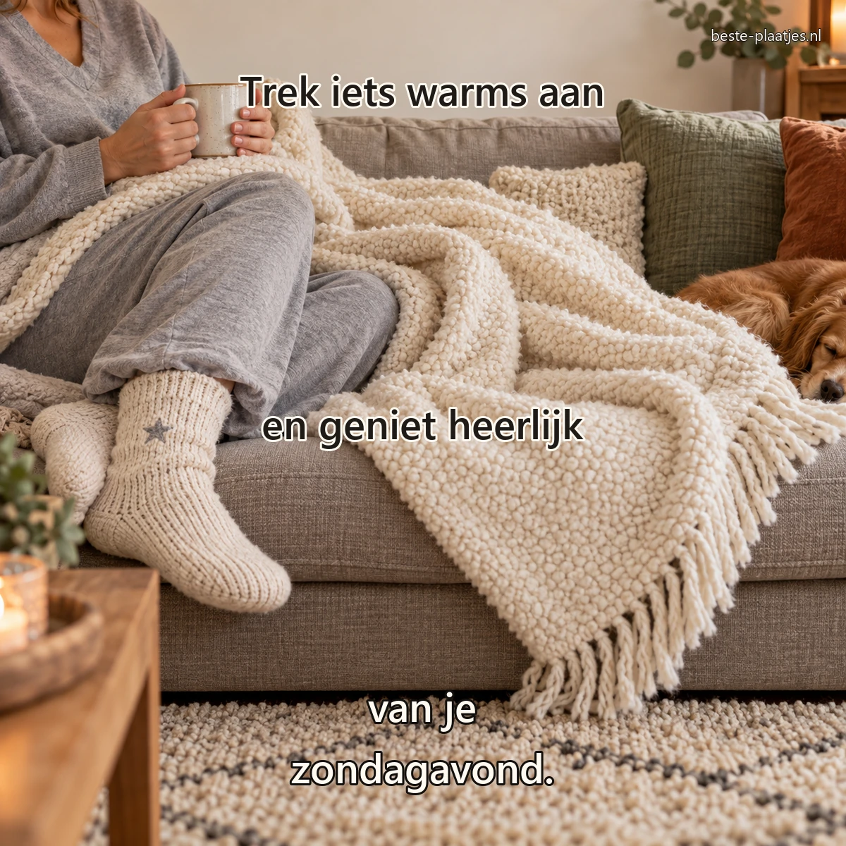 Iemand rust in zachte pyjama en gebreide sokken met een mok onder een wollen plaid.