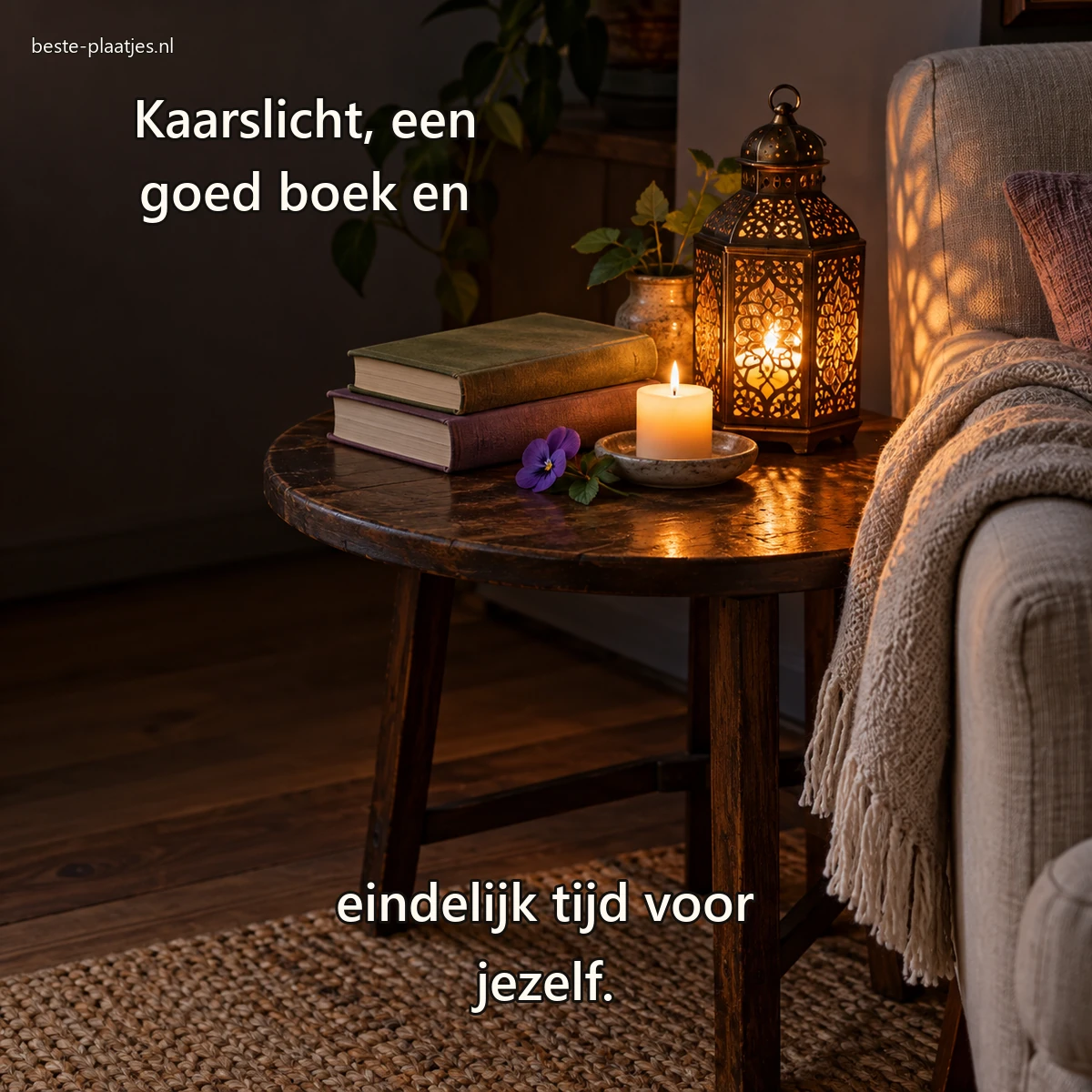 Een amberkleurige lantaarn en kaars staan naast stoffen boeken in een rustige leeshoek.