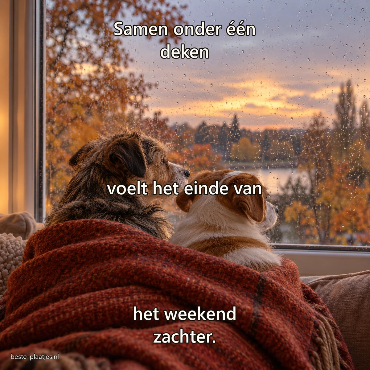 Twee kleine honden kijken onder een roestrode deken door een raam naar herfstbomen.